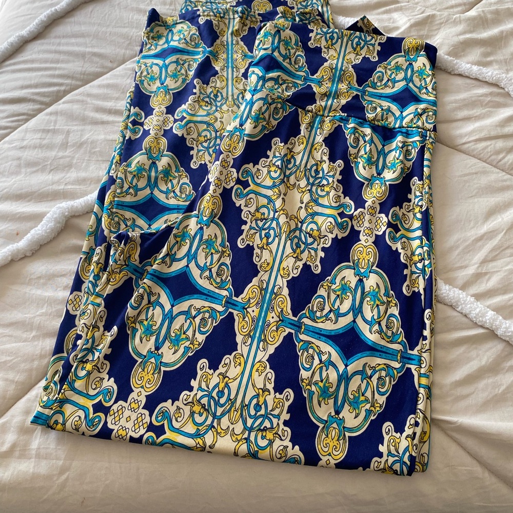 Blue and Yellow Patterned Wide Leg Pants